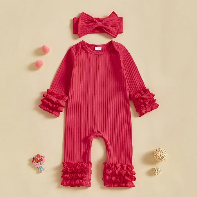 Newborn Baby Girl Clothes Jumpsuit Ruffle Romper Bodysuit Pants Headband - Image 2