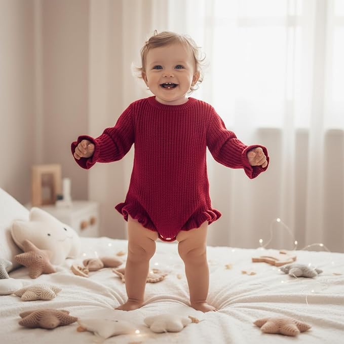 Mubineo Baby Girl Fall Winter Clothes Basic Plain Cute Sweater Romper Outfit - Image 2