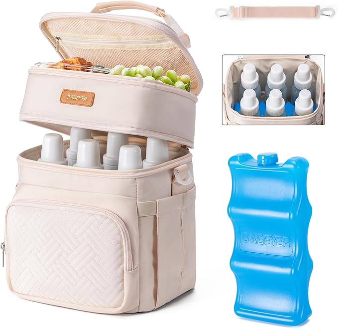 Insulated Breastmilk Cooler Bag with Ice Pack - Holds 6x9oz Bottles, Leakproof Double Layer, Bottle Cooler Bag with Adjustable Strap for Nursing Moms, Daycare & Travel