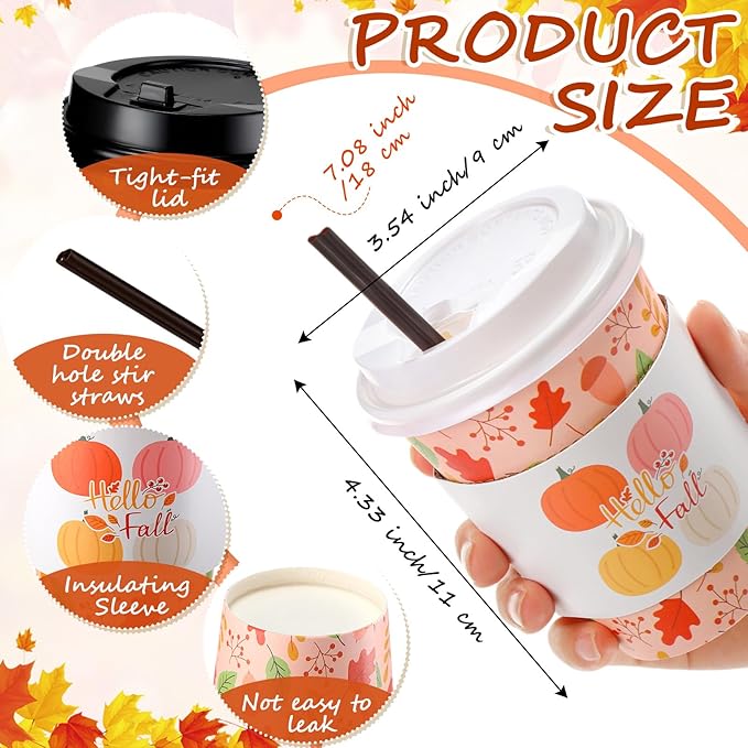 Lallisa 100 Sets Fall Thanksgiving Coffee Cup Bulk with Lid Disposable 12 oz Fall Hot Cups Paper and Sleeves Straws, Autumn Drinking Supplies for Holiday Party(Pink Style)