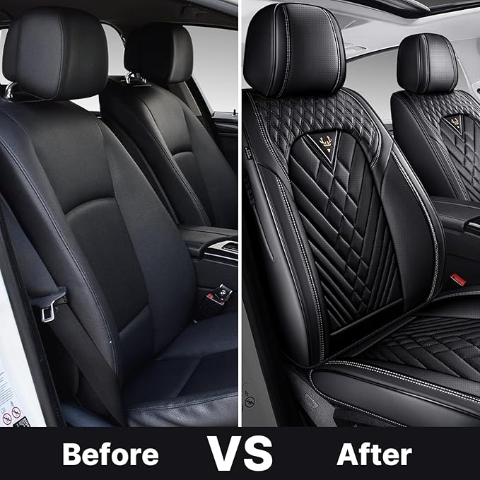 Car Seat Cover Full Set, Waterproof Leather Seat Cover,Front Auto Seat Cover, Breathable Car Seat Cushion, Full Coverage Car Seat Protector Universal Fit Most Cars (2 Seat,Black)
