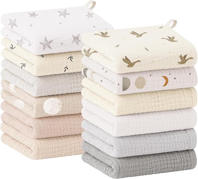 Bearmoss 12 Pack Baby Muslin Washcloths, 100% Cotton 10"x10" Face Towels by Bearmoss