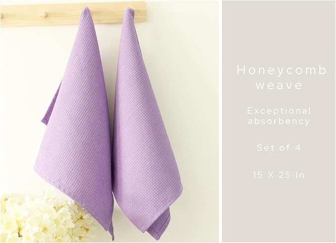 PurpleEssences Waffle Weave Kitchen Towel, 100% Cotton - 15 x 25 Inches, with Hanging Loop Ultra Soft Absorbent Quick Drying Dish Cloth, Tea and Hand Towels, 4 Pack - Fall Thanksgiving - Lavender