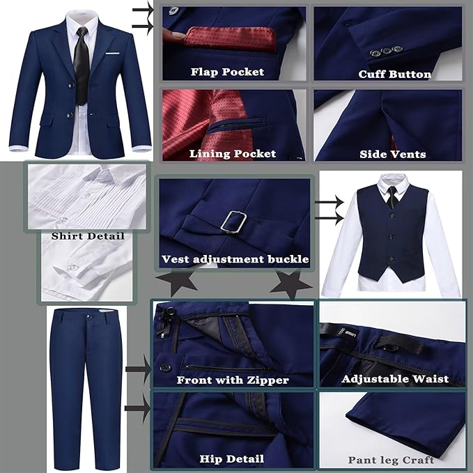Boys Suit Set Slim Fit Kids Formal Suits Toddler Tuxedo Wedding Prom Classic Suits for Boy Teen Black Blue Dress Outfit
