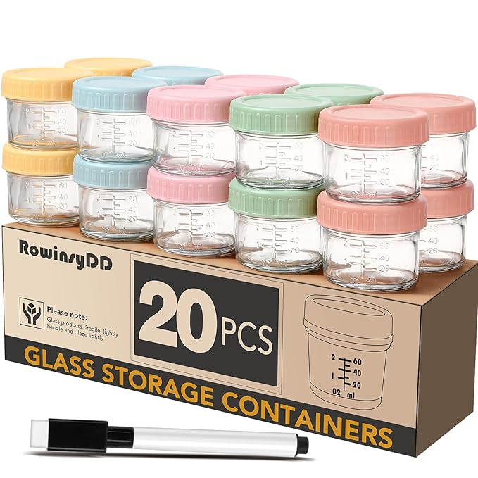 20 Pack Glass Baby Food Storage Containers, 4 oz Leakproof Baby Food Jars with Lids, Small Glass Food Containers for Infant Baby, Freezer & Microwave Safe, BPA Free