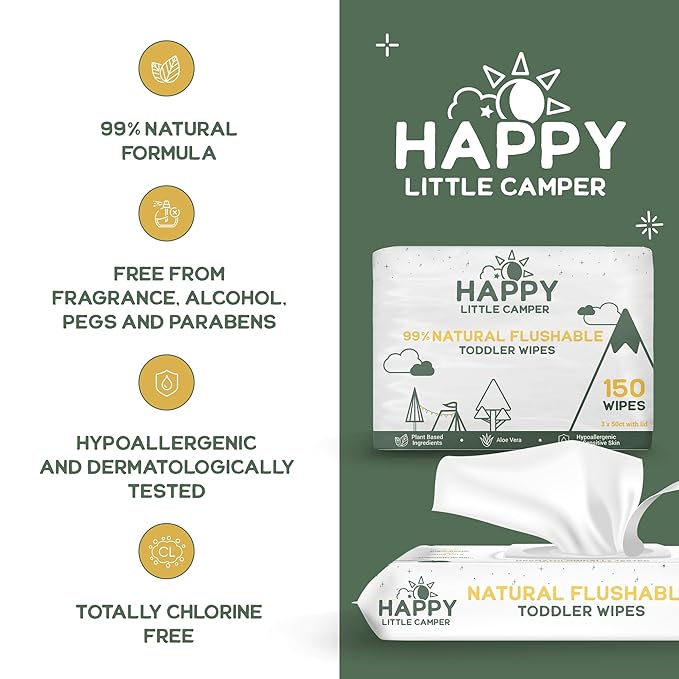 Happy Little Camper Ultra-Absorbent Natural Baby Diapers Size 1 - Hypoallergenic, Unscented & Chlorine-Free Disposable Diapers (200 Count) Come with Flushable Wipes (200 Count) for Sensitive Skin