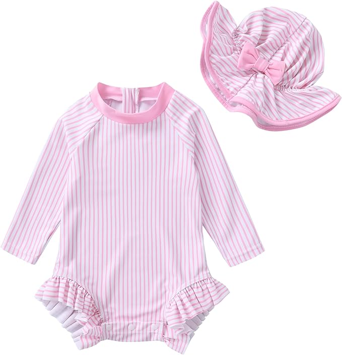 Infant Baby Girl Swimsuit One-Piece Long Sleeve Rash Guard with Hat Set Floral Zipper Bathing Suit Leopard Beach Wear