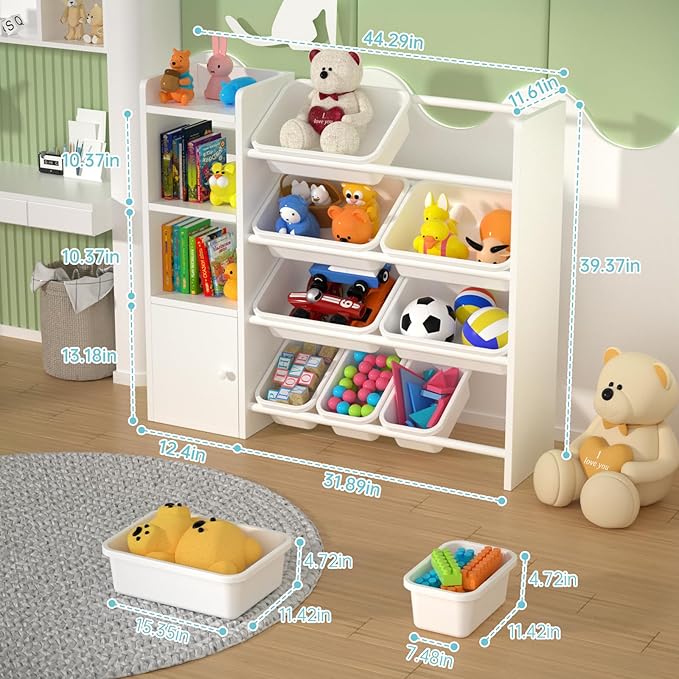 Toy Storage Organizer with 3 Shelves 1Lockers and 10 Bins, Toy Organizers Storage Bookshelf, Kids Bin Shelf Toys Box Bookcase for Bedroom Playroom Organization Room Decor - 100% Solid Wood