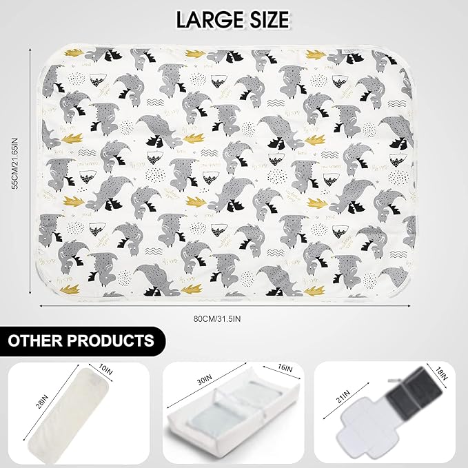 Baby Diaper Changing Pad, 21 5/8" x 31.5" Waterproof Changing Pad Liners - Reusable Soft and Absorbent Portable Changing Mat(Grey Dinosaur1PCS)