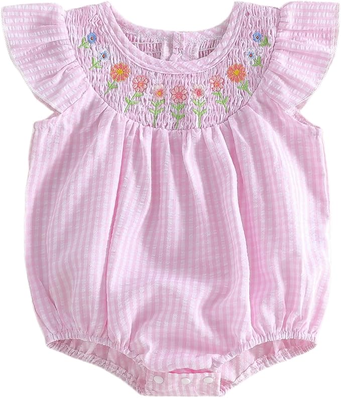 Newborn Baby Girl Bubble Romper Floral Stripe Smocked Onesie Summer Clothes by Yuemengxuan