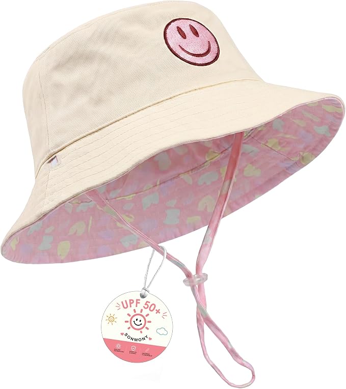 Toddler Hat Reversible Bucket Hat Happy Face Sun Hat Adjustable Chin Strap by SONMONY
