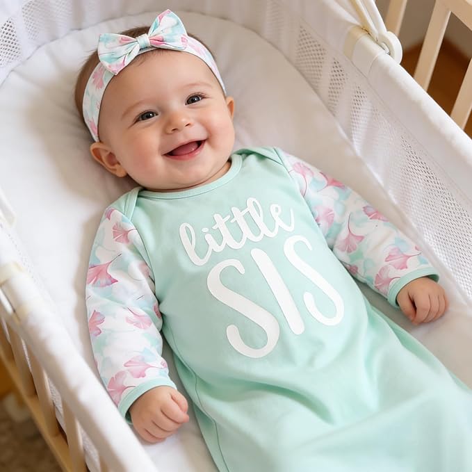 AMAWMW Newborn Baby Girl Little Sister Sleeper Gown Stripe Long Sleeve - Image 2