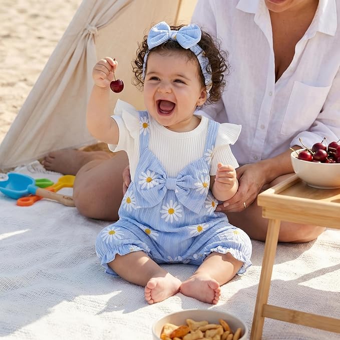 YINGISFITM Newborn Baby Girl Summer Clothes Short Sleeve Bubble Romper Bow - Image 3