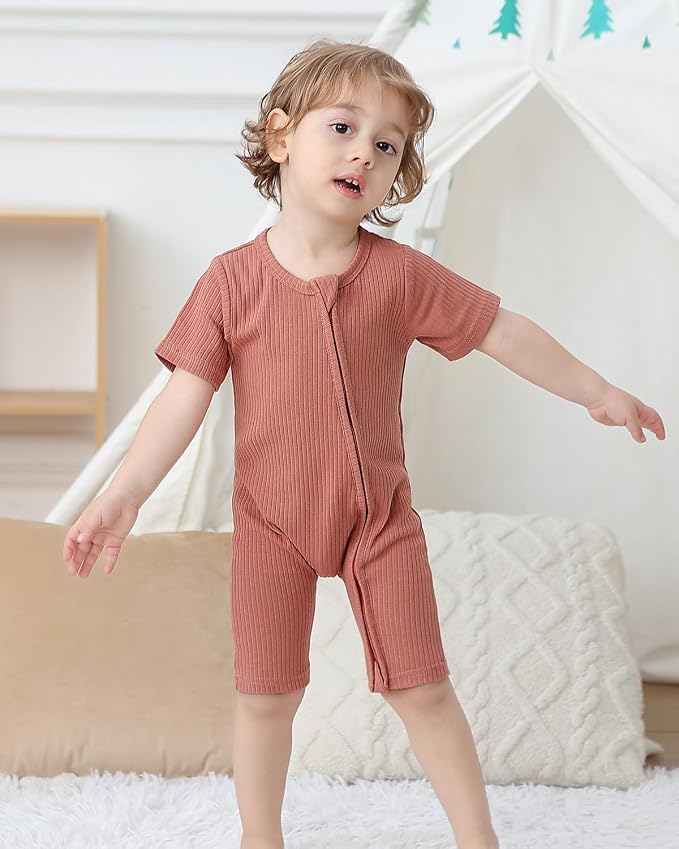 Bafeicao Baby Boy Girl 3 Pack Short Sleeve Rompers | 2 Way Zipper, Ribbed Cotton - Image 2