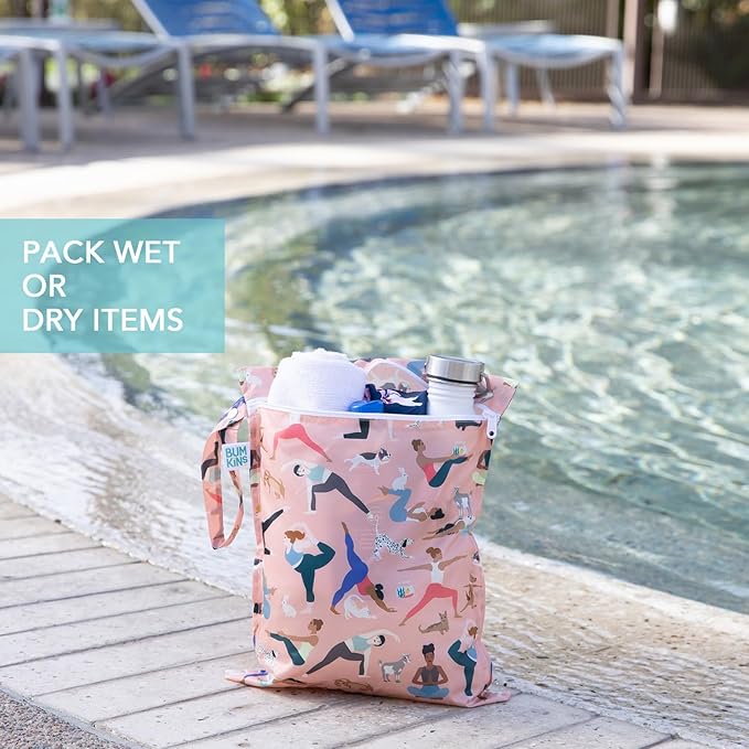 Bumkins - Waterproof Wet Bag & Clear Travel Bags - For Beach, Baby, Travel, Swim Suit, Cloth Diapers, Pump Parts, Pool, Gym, Toiletries - Reusable & Easy to Clean - Yoga Pals - 4 Pack