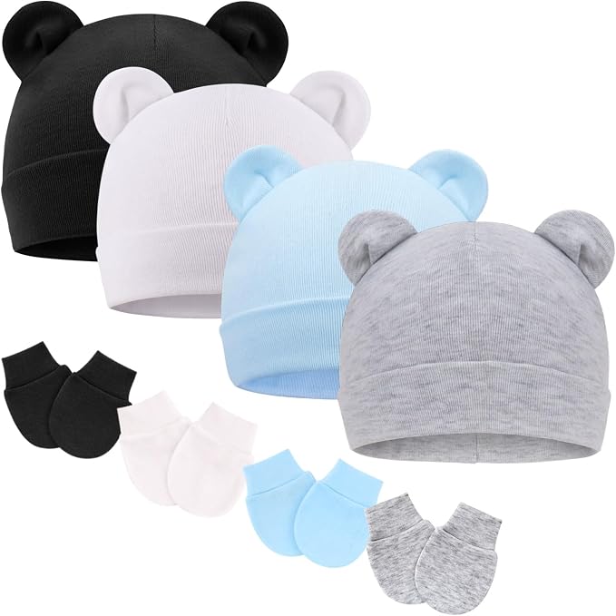 Newborn Baby Hat and Mittens Set Bear Ears Toddler Infant Beanie Caps Newborn by AQOKKA
