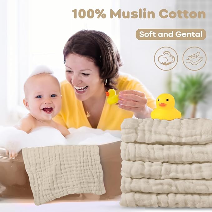 Yoofoss Muslin Baby Washcloths 100% Cotton Face Towels 6 Pack Wash Cloths for Baby 12x12in Soft and Absorbent Baby Wipes (Apricot)