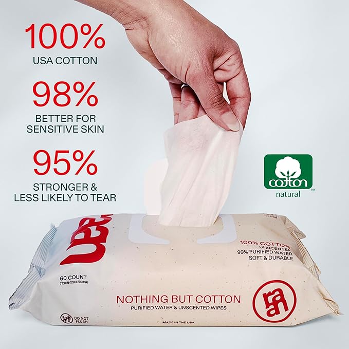 Raan, 100% Cotton Baby & Toddler Wipes, Unbleached, 99% Purified Water, Unscented, EWG verified, Made for Sensitive Skin, Extra Soft and Durable, 4 pack, 240 Count