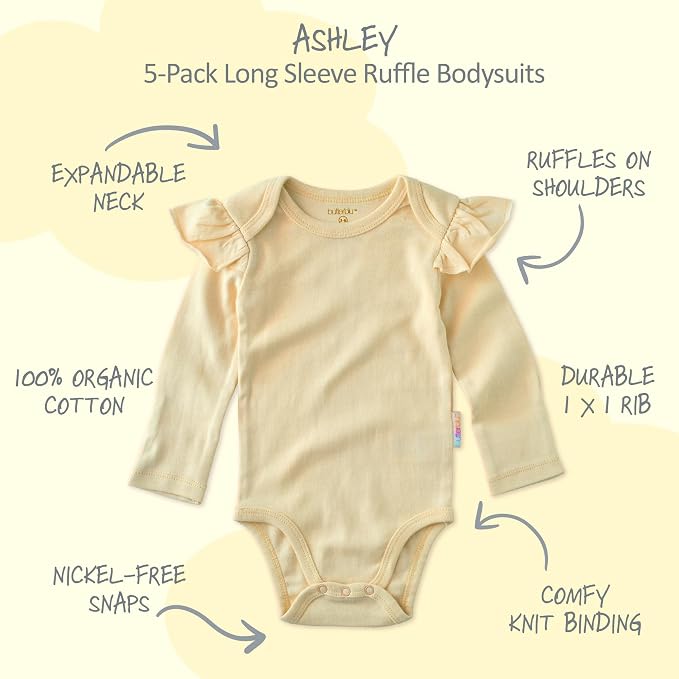 Butterblu Ashley 5-Pack Long Sleeve Ruffle Shoulder Bodysuits 100% Cotton | - Image 2