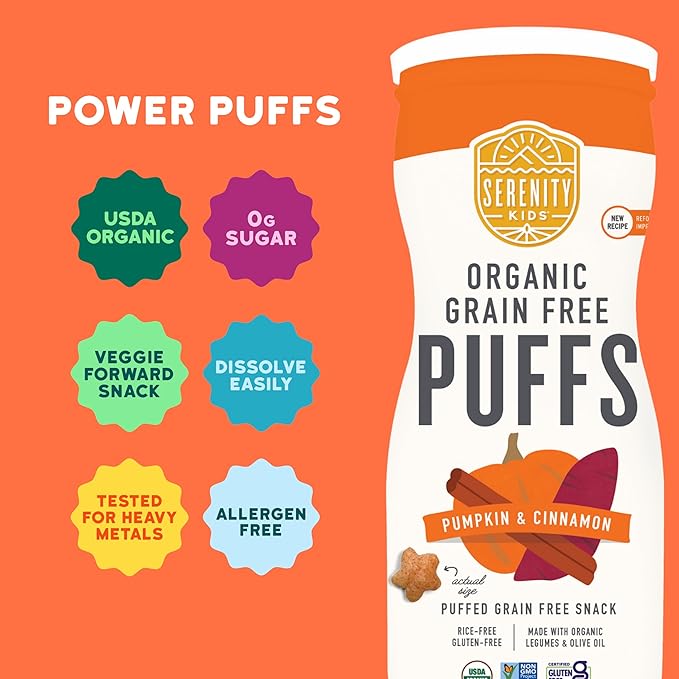 Serenity Kids 6+ Months Grain-Free Allergen-Safe Puffs for Toddlers & Babies - No Grains, Gluten, Nuts, Rice - Organic Veggies, Legumes, Olive Oil (1.5 Ounce (1 Count), Pumpkin & Cinnamon)