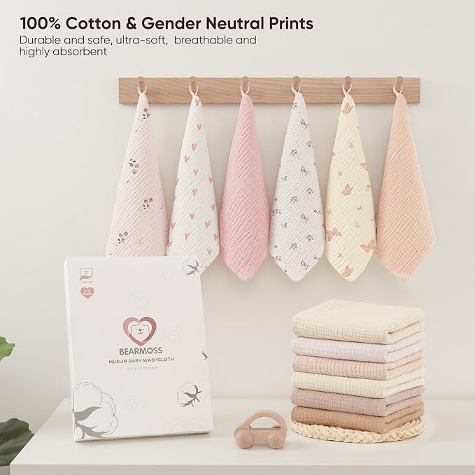 Bearmoss 12 Pack Baby Muslin Washcloths, 100% Cotton 10"x10" Face Towels - Image 7