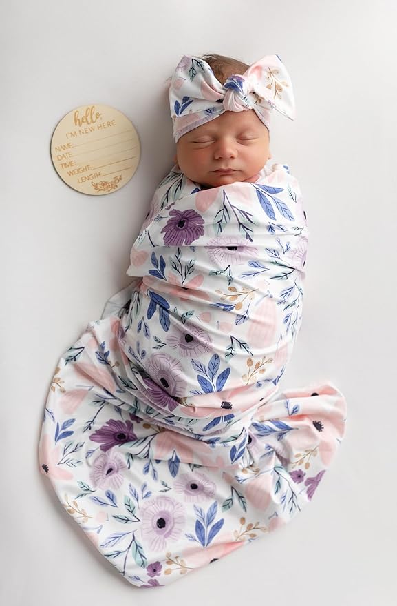 Newborn Baby Swaddle Set Headband Beanie and Name Card by Vollmic