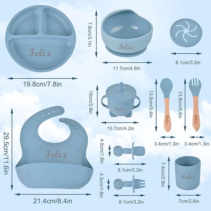 Personalized Silicone Baby Feeding Set with Name, Customized Baby Led Weaning Supplies Self Feeding Eating Utensils with Spoon, Fork, Silicone Suction Bowls, Cup, Plate Army Green