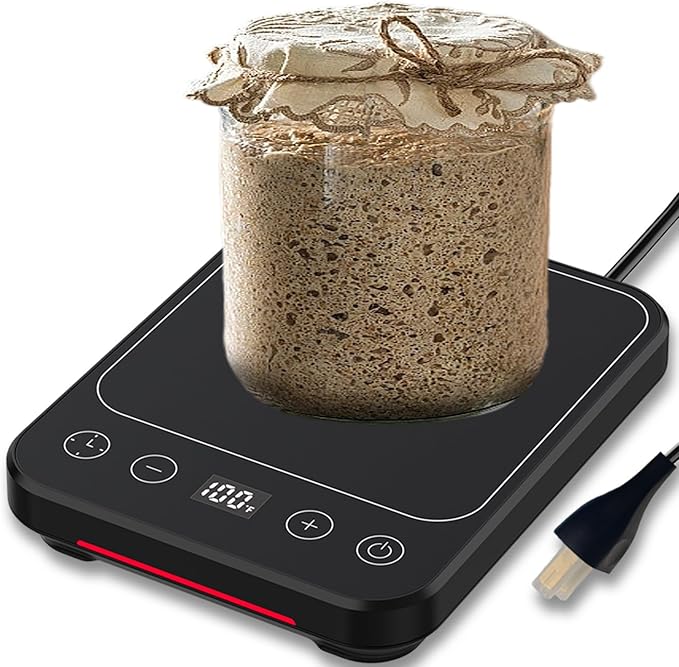 Sourdough Starter Warmer Mat, 12H Timer Warming Heating Pad, Precise 1°F Thermostat Control (70-100°F), Smart Memory Warming On/Off, Fits Jars Up to 40oz, Perfect for Home Baking (Full LCD Screen)