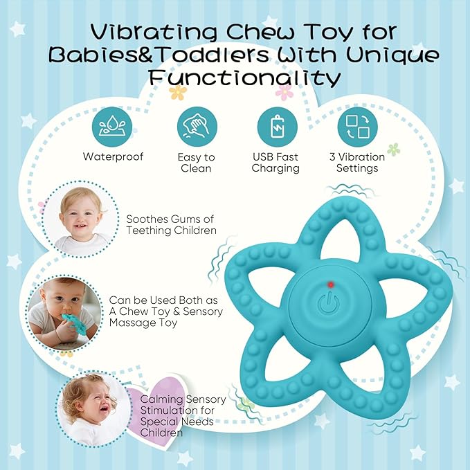 Vibrating Sensory Chew Toy, Teether Teething Toys for Baby 6-18 Months, Sensory Toys for Kids with Autism&Toddler Travel Essential - 3X Vibration Settings, Gifts for Boys Girls