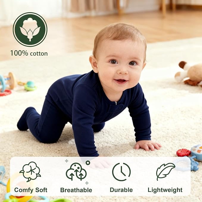 Hikido Baby Romper 100% Organic Cotton Pajamas One Piece Long Sleeve Zipper - Image 2