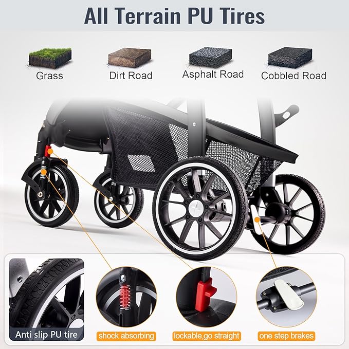 Baby Stroller, 2-in-1 Reversible Toddler Seat with Lie-Flat Mode, Foldable Infant Stroller with Canopy, One Button Brake, Adjustable Handle, Newborn Pushchair (Black B)