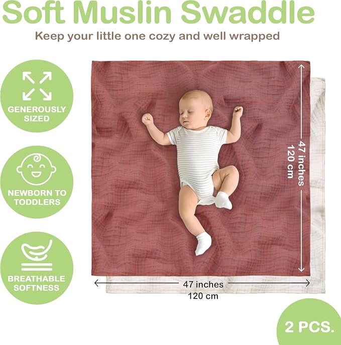 100% Organic Cotton 2 PK Muslin Baby Blanket Unisex 47x47 Inch | Oeko-TEX - Image 3