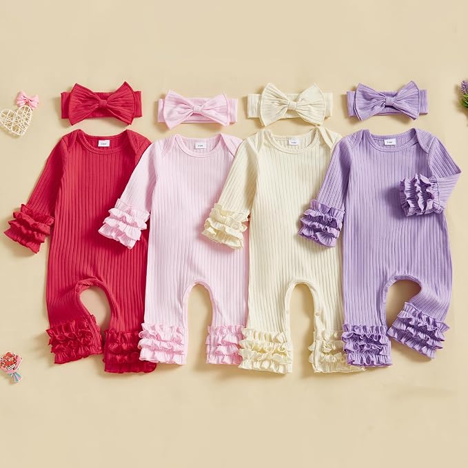 Newborn Baby Girl Clothes Jumpsuit Ruffle Romper Bodysuit Pants Headband - Image 8