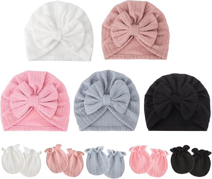 BQUBO Baby Turban Hats and Mittens Set Newborn Infant Hospital Hats Caps by DRESHOW