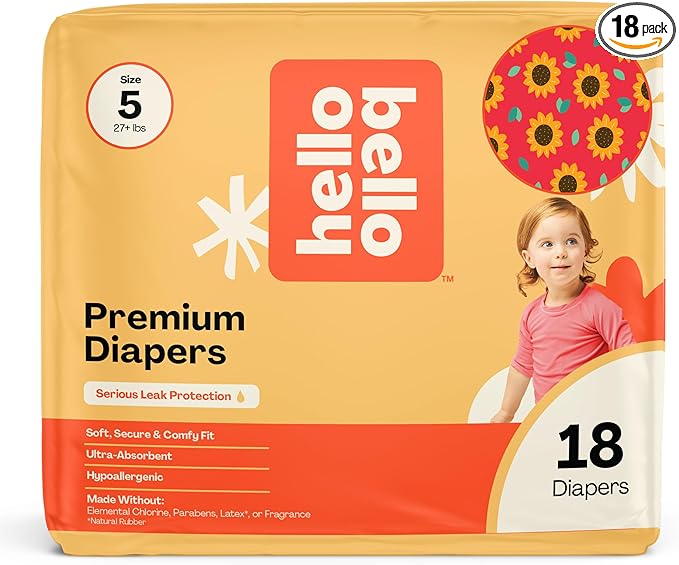 Hello Bello Diapers, Size 5 (27 lbs) Flower Child, 18 Count of Premium Disposable Baby Diapers, Hypoallergenic with Soft, Cloth-Like Feel