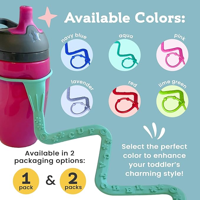 Brilli Baby Cup Catcher Patented Safety Tether Strap, Attach Sippy Cups, Bottles, Pacifiers & More to Stroller, High Chair, Car Seat, Made in USA, Food Grade, Dishwasher Safe (Lavender & Pink)