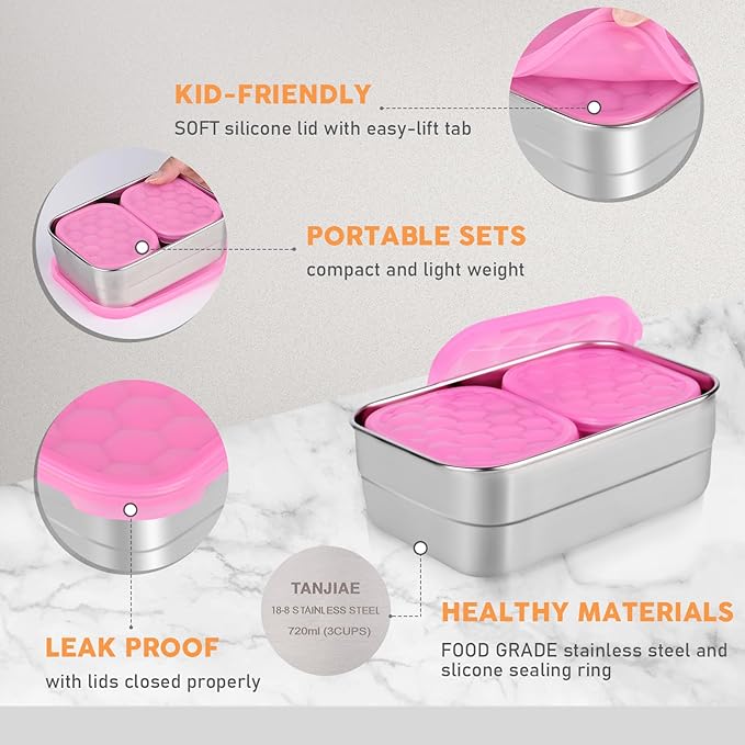 Small Stainless Steel Lunch Containers for Kids | Leak Proof BPA Free Snack Containers with Silicone Lids - Perfect Metal Snack Containers with Lids for School and Daycare (25oz+8oz*2)