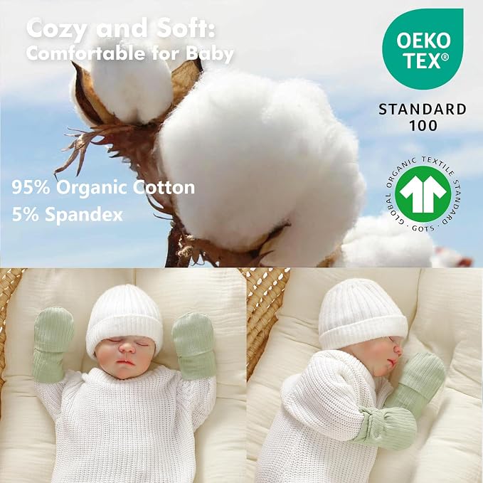 Baby Newborn No Scratch Mittens Stay On Cotton Gloves 0-12 Months | Organic - Image 5