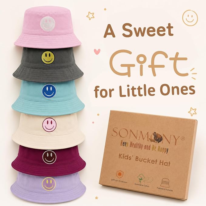 Toddler Hat Reversible Bucket Hat Happy Face Sun Hat Adjustable Chin Strap - Image 8