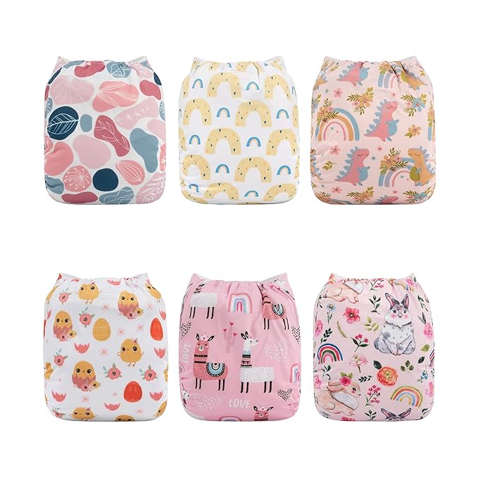 babygoal Reusable Cloth Diapers 6 Pack with 10pcs Inserts, One Size Adjustable Washable Pocket Nappy Covers for Baby Girls and Boys 6FG25