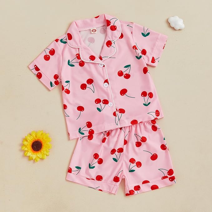Kuriozud Toddler Baby Girl Pajamas Set Summer Floral Short Sleeve Button Down - Image 3