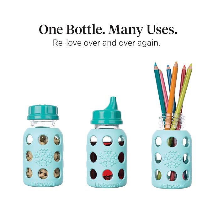 Lifefactory Baby Bottle Starter Set 12-Piece | 4 oz Mint & Blanket, 9 oz Kale & Blueberry | Includes Flat Caps, Sippy Caps, Stage 3 Nipples