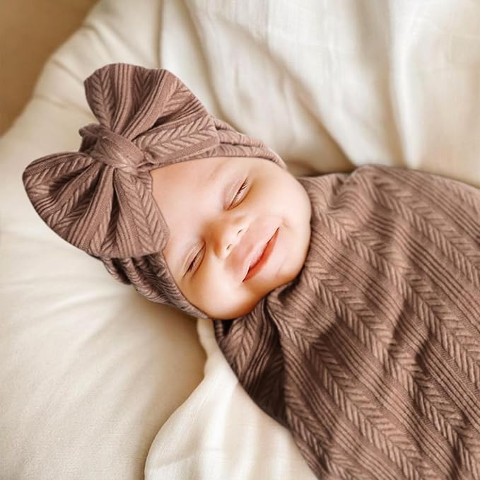 AQOKKA Newborn Receiving Blanket Wheat Ear Bow Hat Hairband Set - Image 6