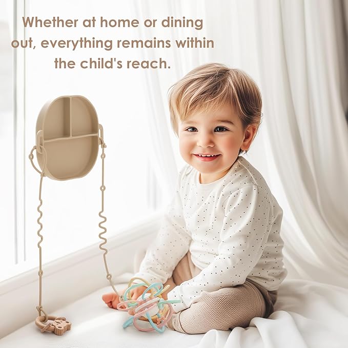 Andy Bear Silicone Plates for Babies with Suction Divided Baby Spoons Silicone Baby Toy Straps All-in-one Plates Silicone Placemat for Babies Toddlers Attachable Tethers & Built-in Suction Cups-Blue