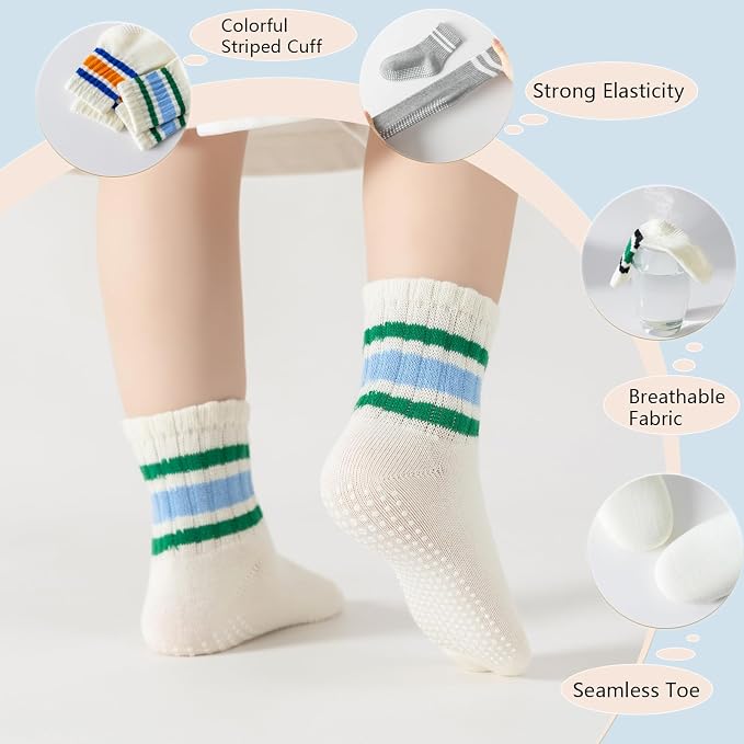 Toddler Non-Slip Socks Unisex Baby Grip Stripe Crew Cotton Socks | Seamless - Image 4
