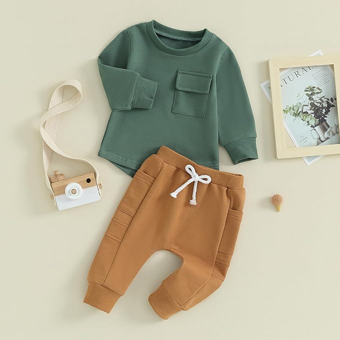 Kuriozud Toddler Baby Boy Fall Winter Clothes Long Sleeve Crewneck Pullover Sweatshirt Jogger Pants Set 2 Piece Outfit