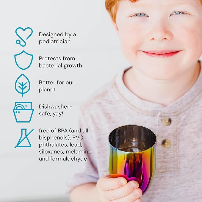 Ahimsa Stainless Steel Kids Cups - Pediatrician Designed Toddler Cup for Open Cup Training, 8oz, 100% BPA Free & Dishwasher Safe (Set of 4 Rainbow Cups)