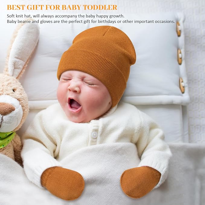 Baby Beanie Hat Gloves Set, Kids Winter Warm Knit Hat - Image 3
