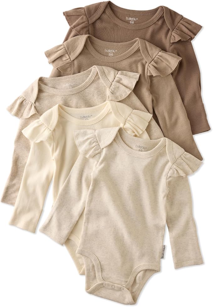 Butterblu Ashley 5-Pack Long Sleeve Ruffle Shoulder Bodysuits 100% Cotton | by Butterblu