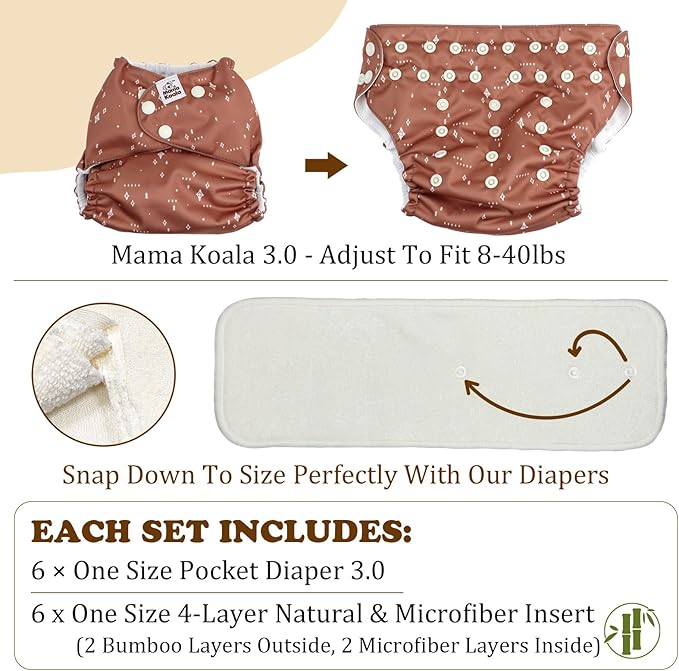 Mama Koala 3.0 Cloth Diapers for Babies with AWJ Lining, 6 Pack with 6 Natural Cloth Diaper Inserts - Reusable and Washable Pocket Diapers (Natural Elements)